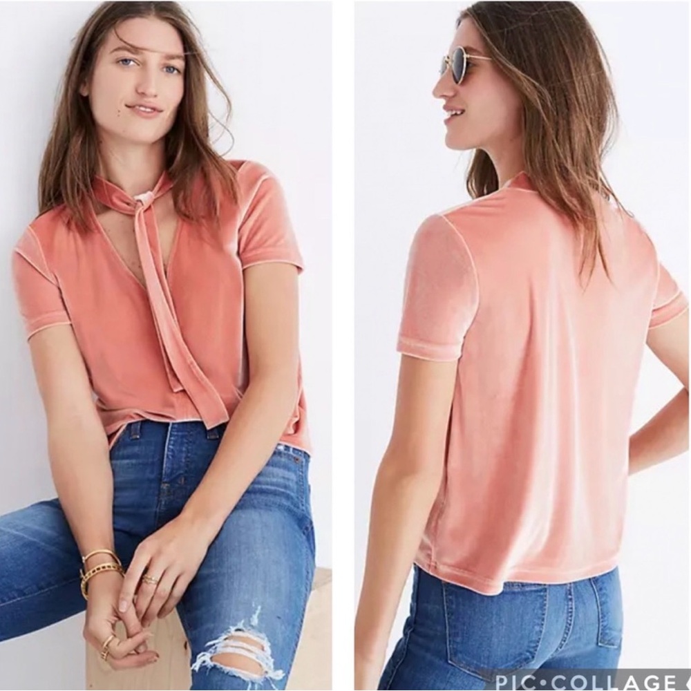 Madewell Velvet Top Coral Peach Tie Neck Top Women’s Size M Short Sleeve